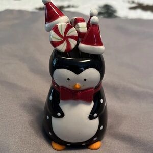 Grasslands Road Ceramic Penguin with Red and White Details & Appetizer Forks